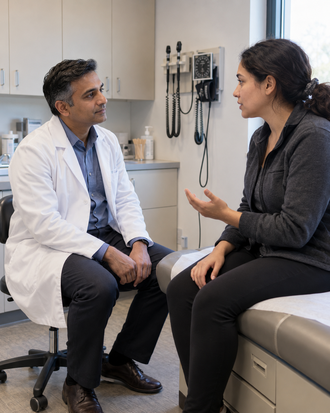 Illustrative doctor listening and speaking with a patient