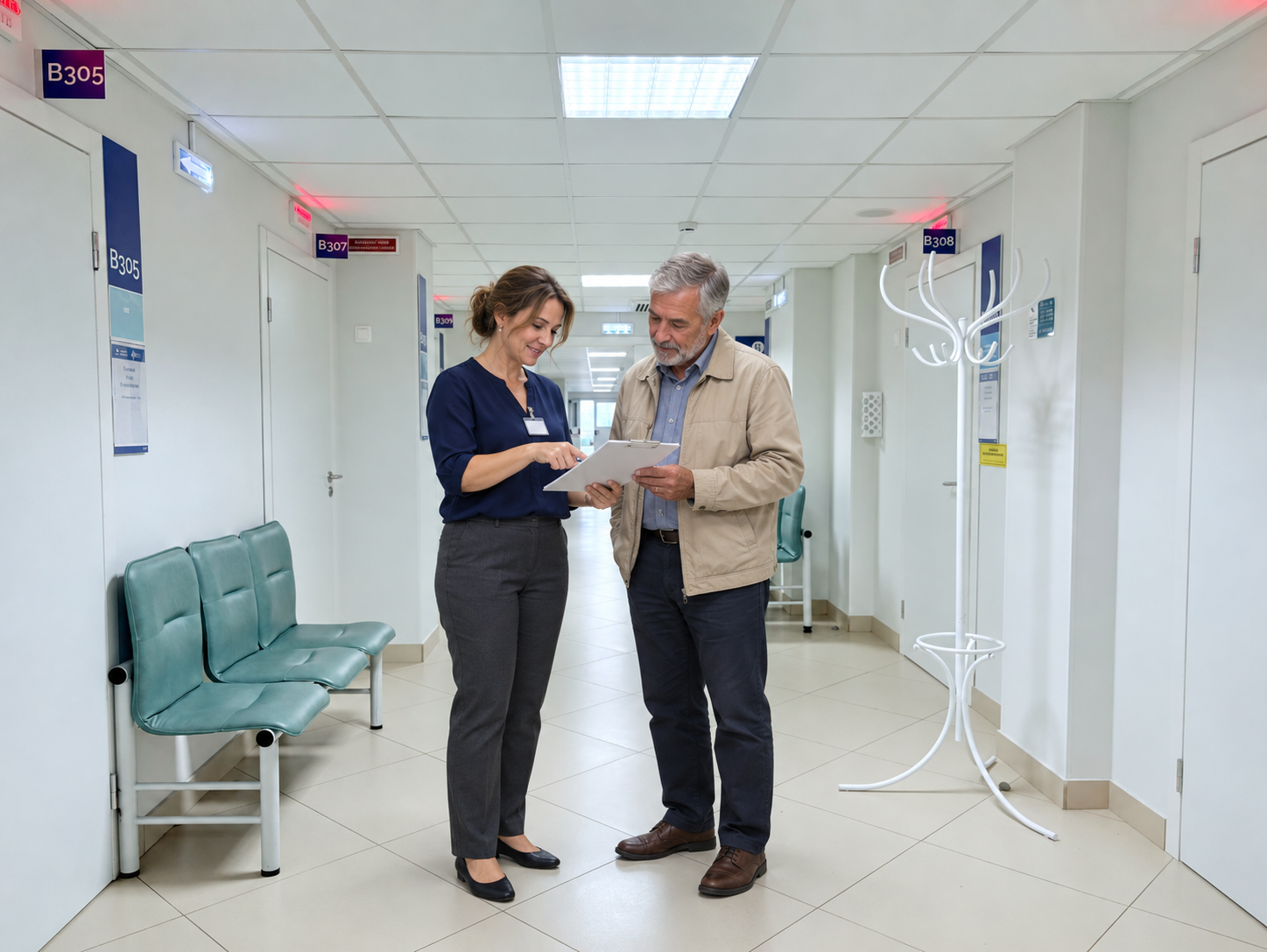 Illustrative clinic assistant reviewing appointment details with a patient