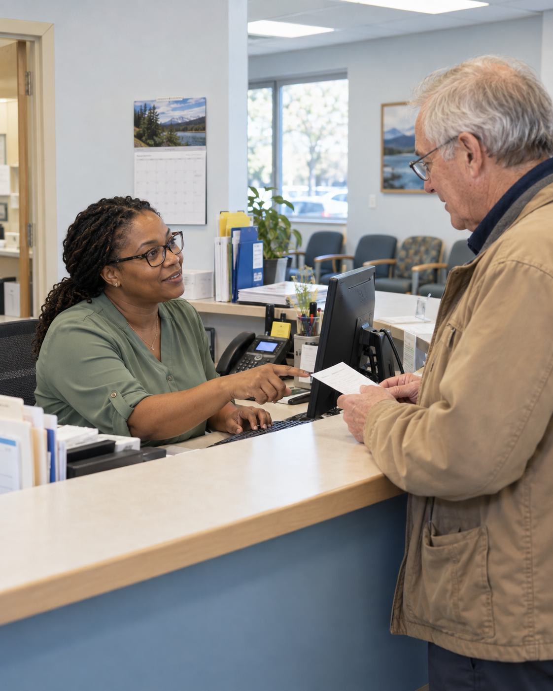 Illustrative clinic staff member welcoming a patient at reception